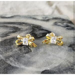 Gold CZ Bow Earrings 925 Hypoallergenic